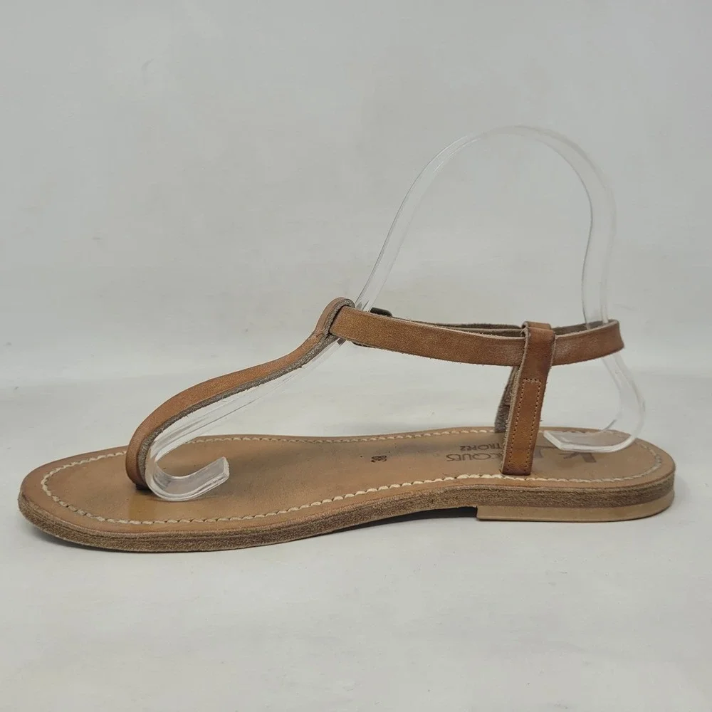 K.Jacques Sandals EU38 US6.5 Brown Leather T-Strap Gladiator Flat Resort France
